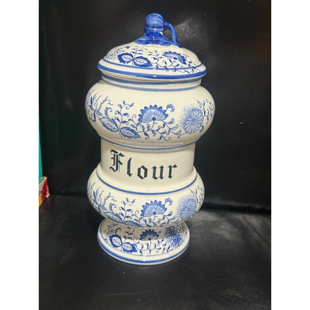 Vintage Blue Onion Ceramic Flour Canister White Blue Floral Farmhouse  Jar